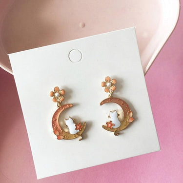 Cat and Flowers Dangle Earrings Earrings KittyNook Cat Company Cat Moon and Sakura